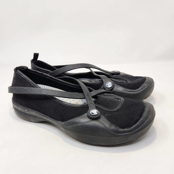 Crocs Celeste Black Canvas Mary Jane Straps Flats Womens 7 Slip On Shoes Comfort - Picture 1 of 8